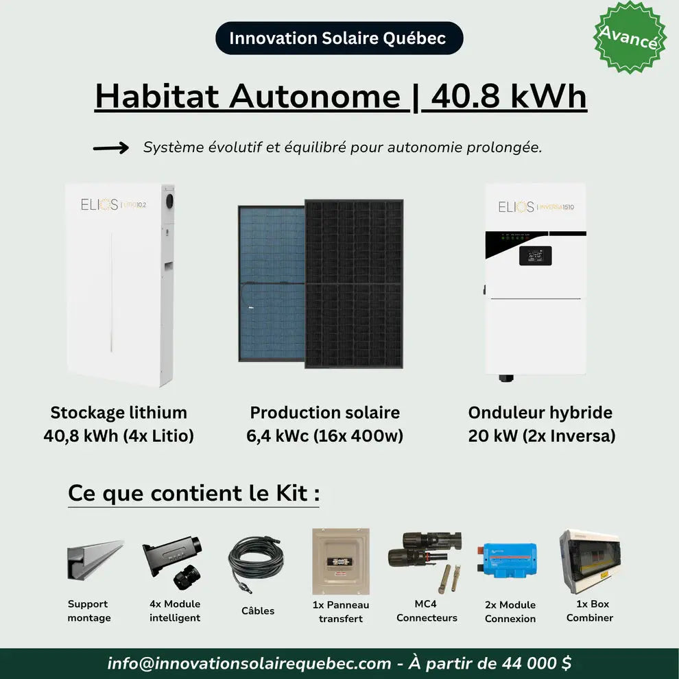 Kit Autonome 40,8 kWh | Solaire 6,4 kWc + Redondance DC + Batteries LiFePO₄ Boutique Solaire Québec