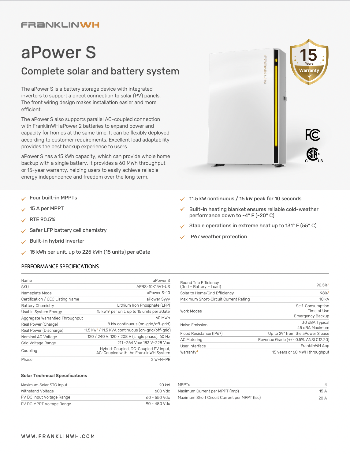 FranklinWH aPowerS 15 kWh – Batterie solaire avec onduleur intégré